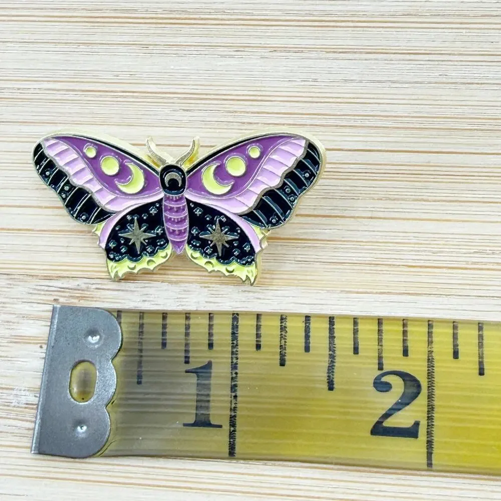 Purple & Black Whimsical Celestial Butterfly Moth with Safety Pin Back